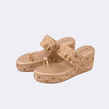 Gold Embellished Wedge Slip-On Sandals