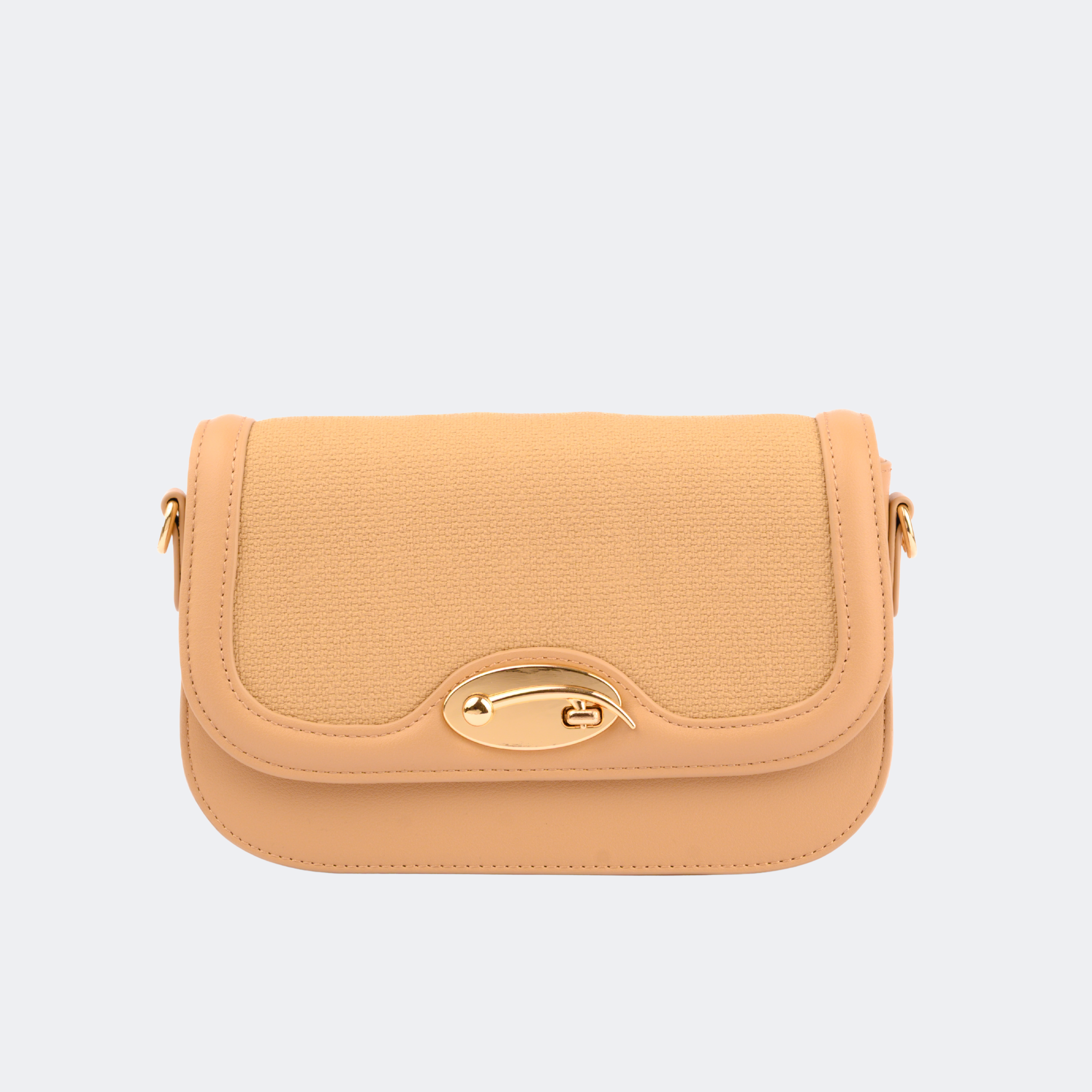 Beige handbag with a gold clasp on a light gray background | Vogelle