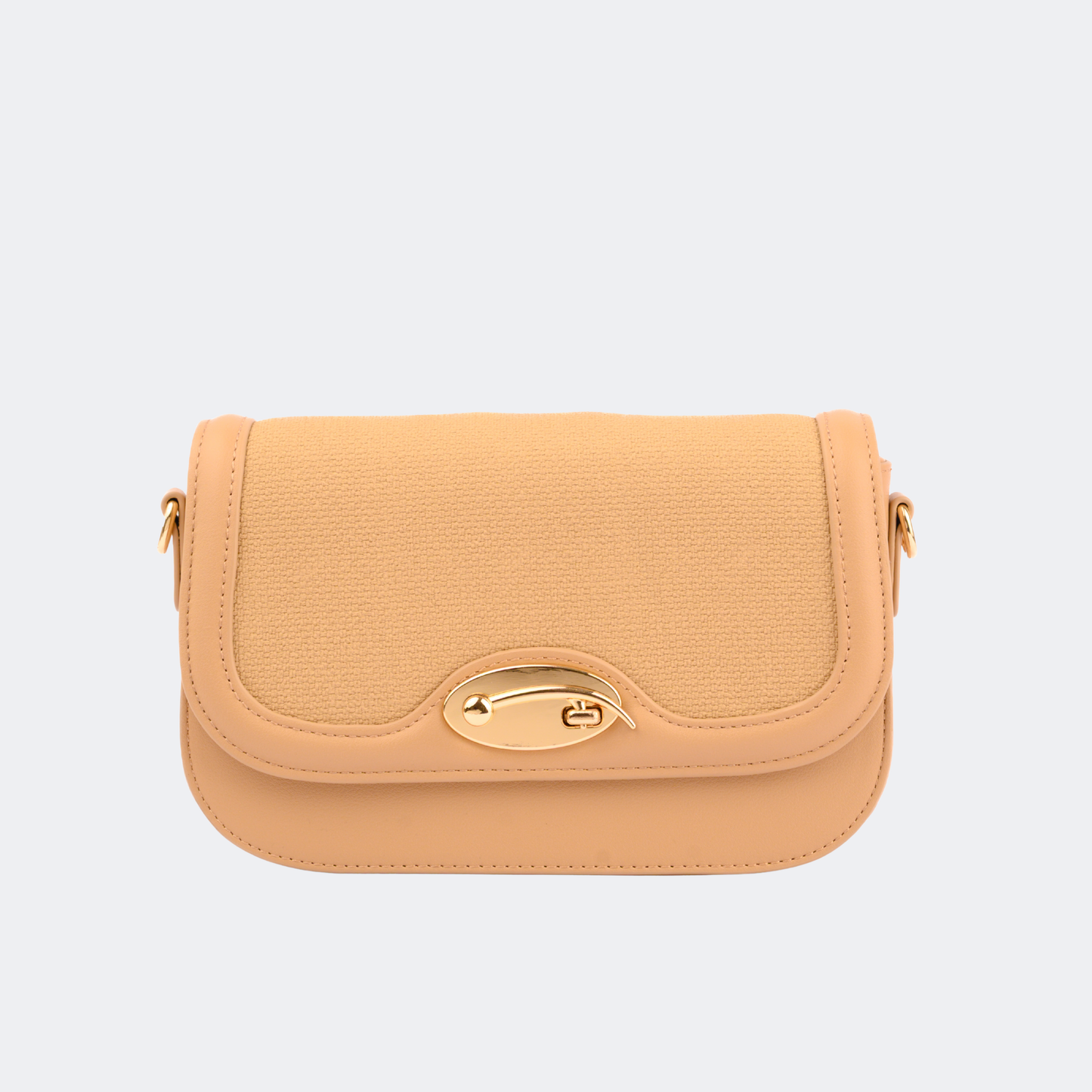 Beige handbag with a gold clasp on a light gray background | Vogelle