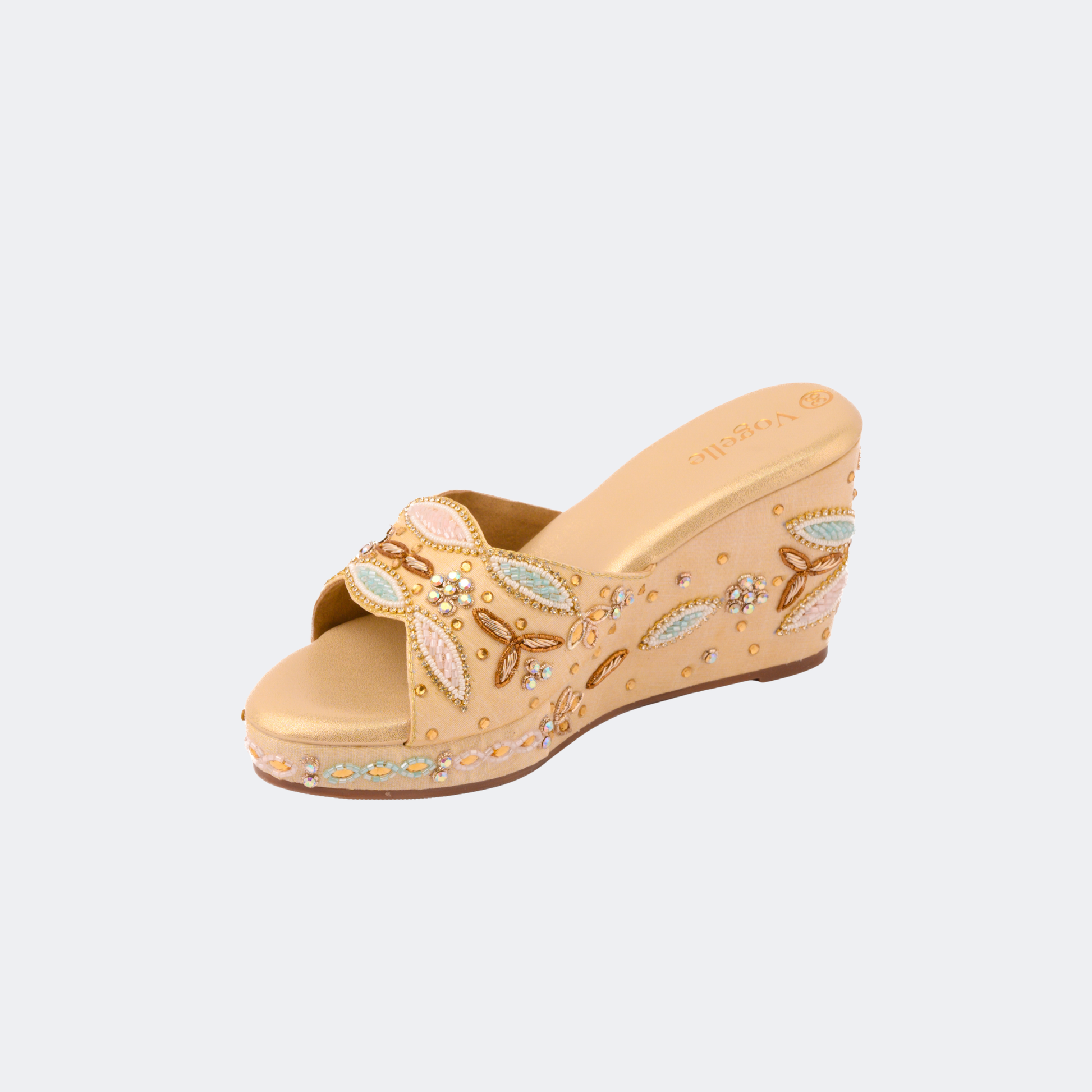 Beige wedge sandal with floral embroidery on a white background | Vogelle