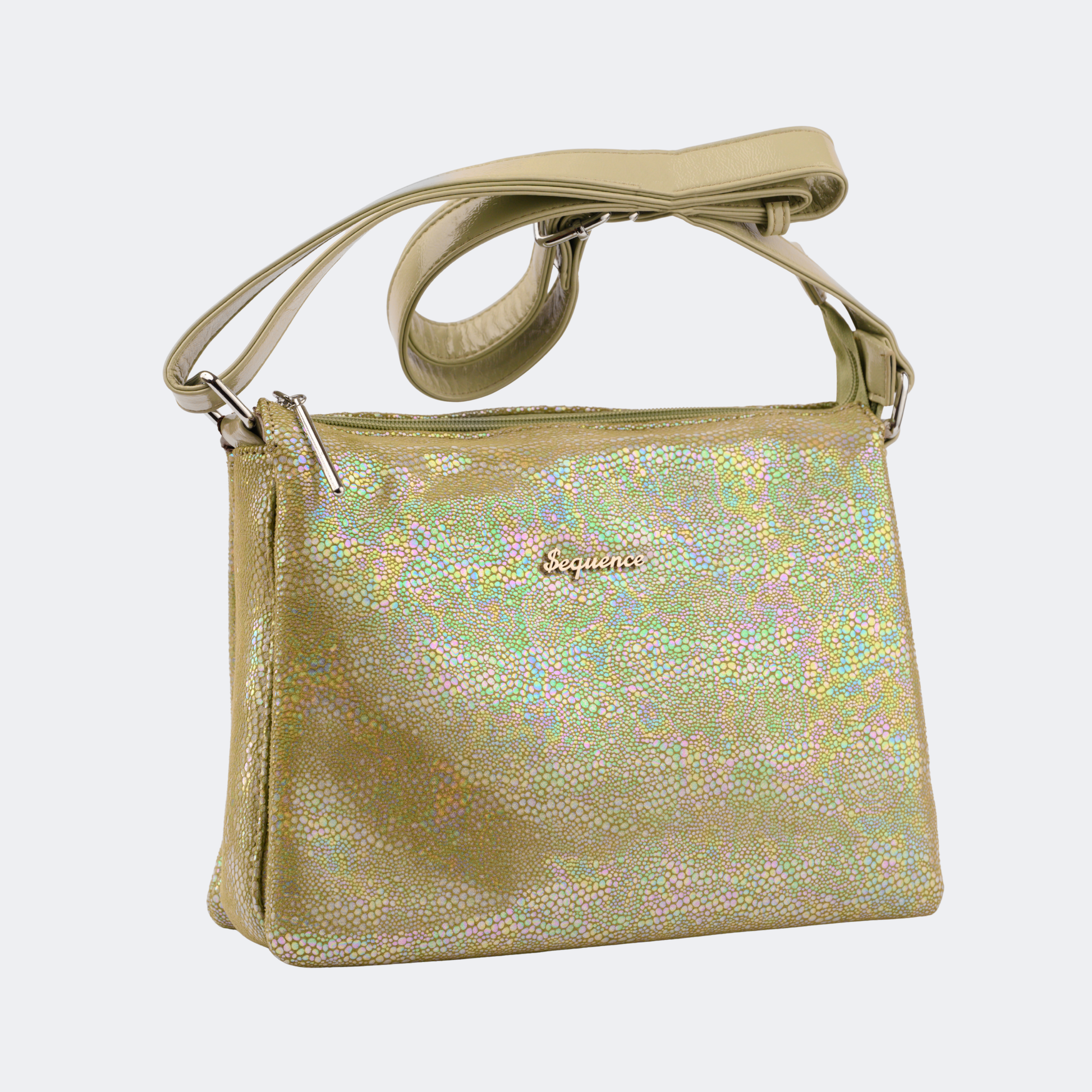Gold glittery handbag with a visible brand logo on a light gray background | Vogelle