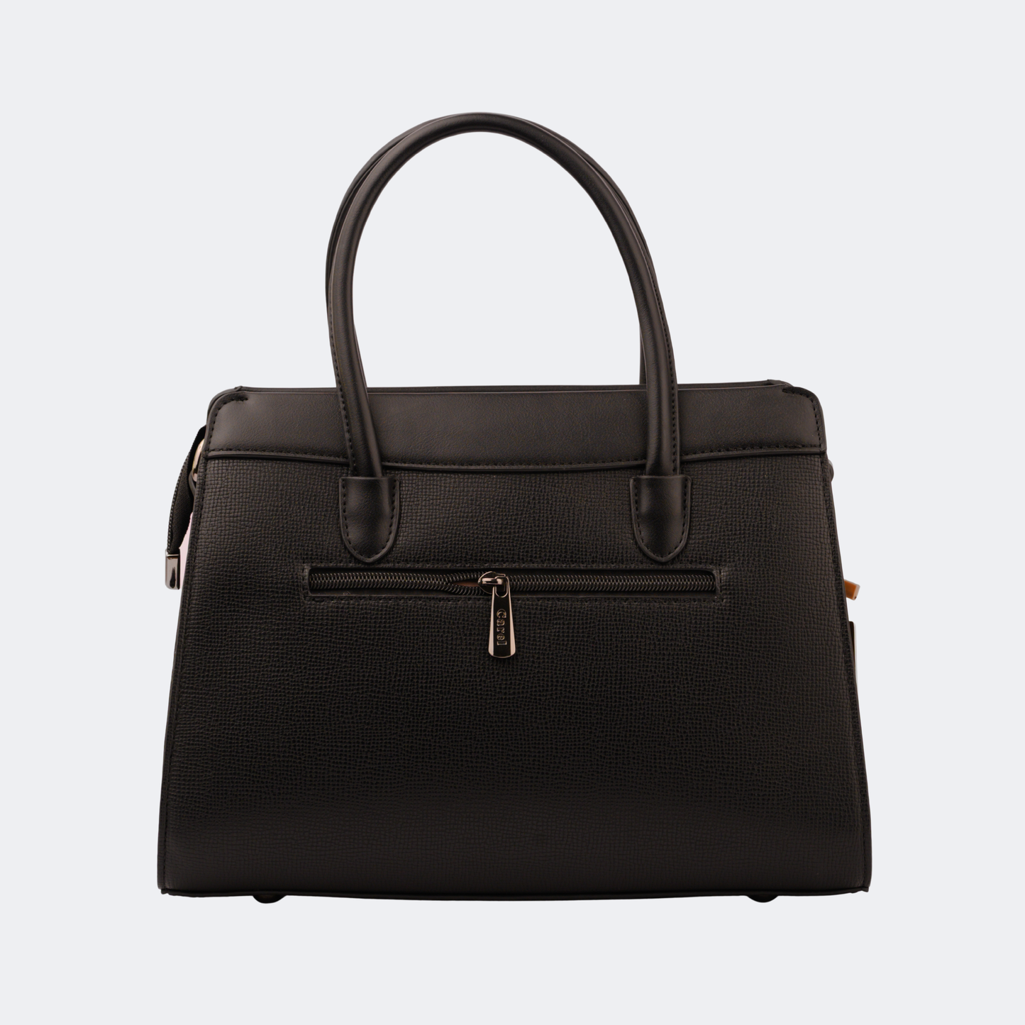 Black handbag with a gold zipper on a light gray background | Vogelle
