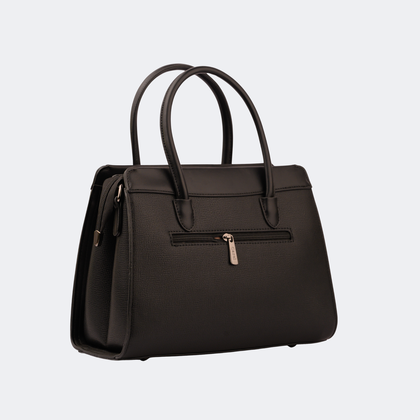 Black handbag with a gold zipper on a light gray background | Vogelle