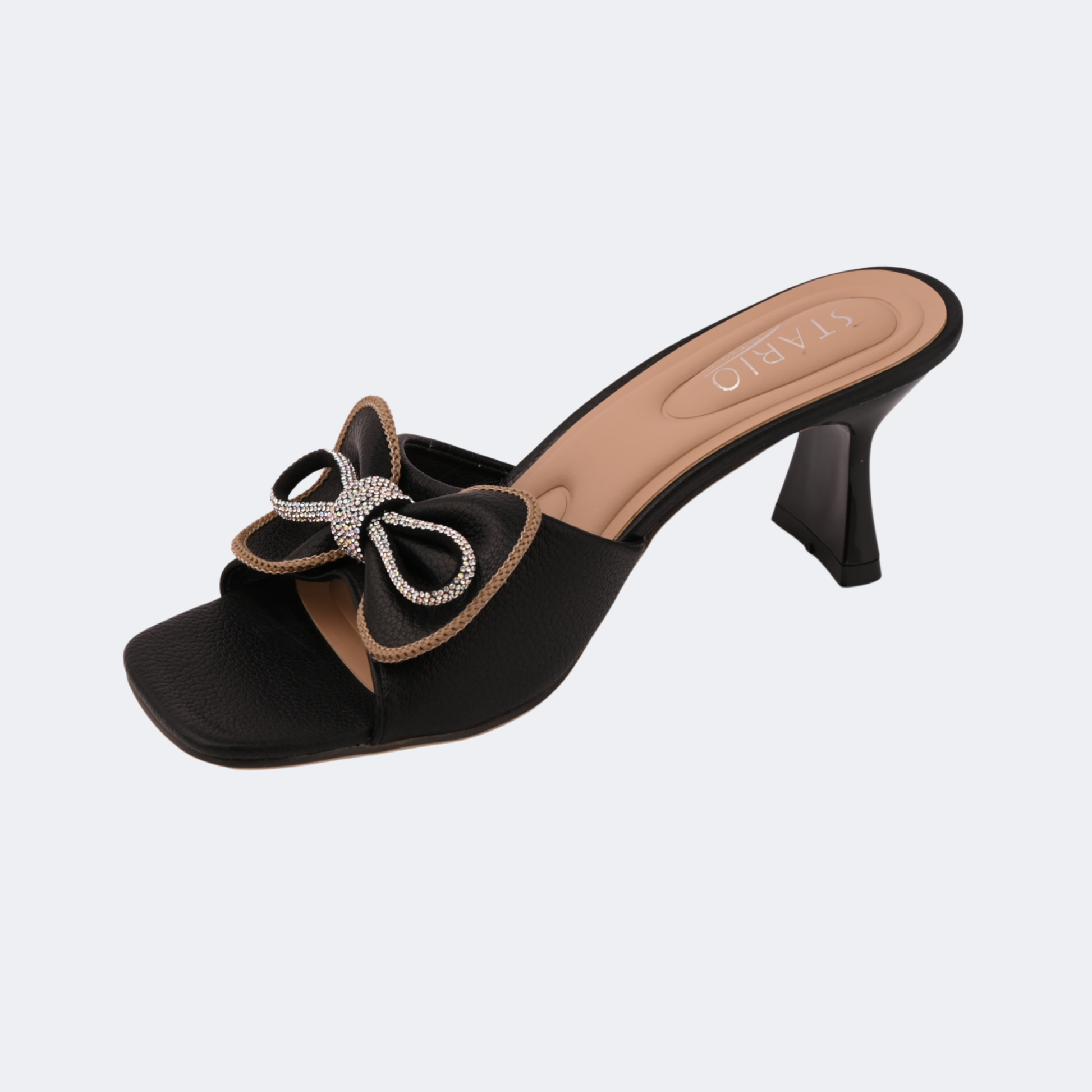 Black sandal with a bow and rhinestones on a light gray background | Vogelle