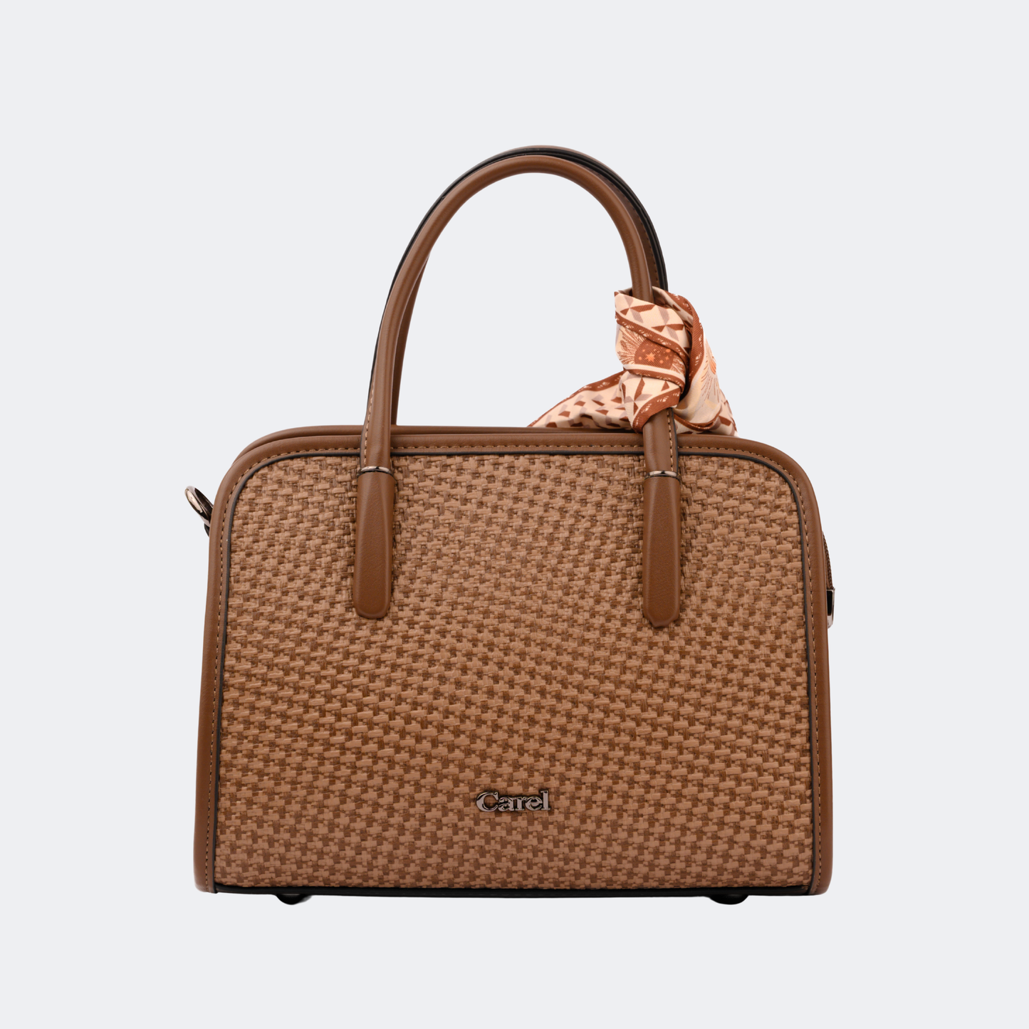 Brown textured handbag with a matching scarf on a light gray background | Vogelle