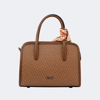 Brown textured handbag with a matching scarf on a light gray background | Vogelle