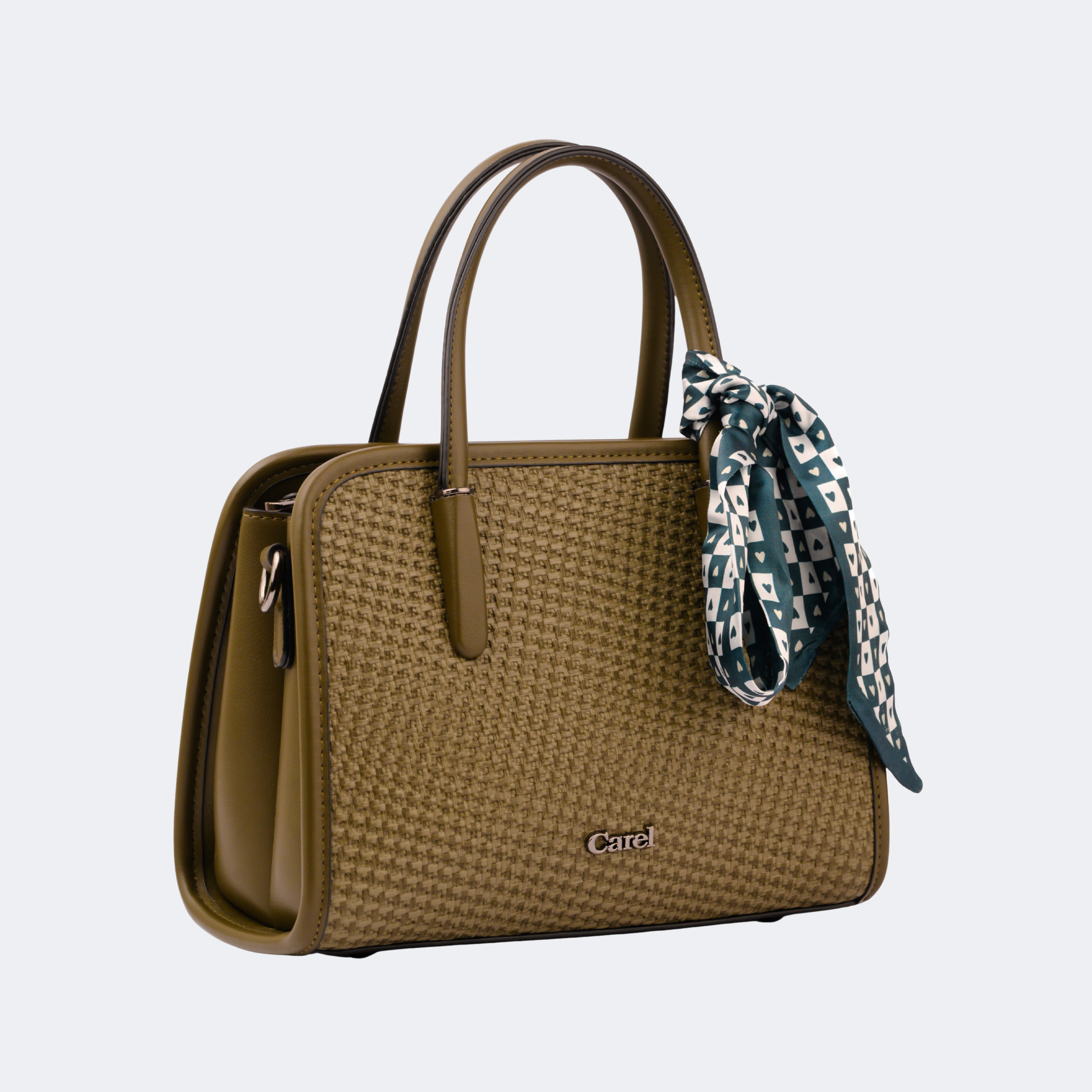 Brown textured handbag with a matching scarf on a light gray background- Vogelle