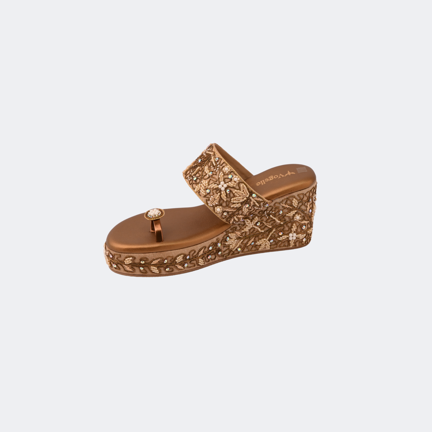 Brown wedge sandal with floral pattern on a light gray background | Vogelle