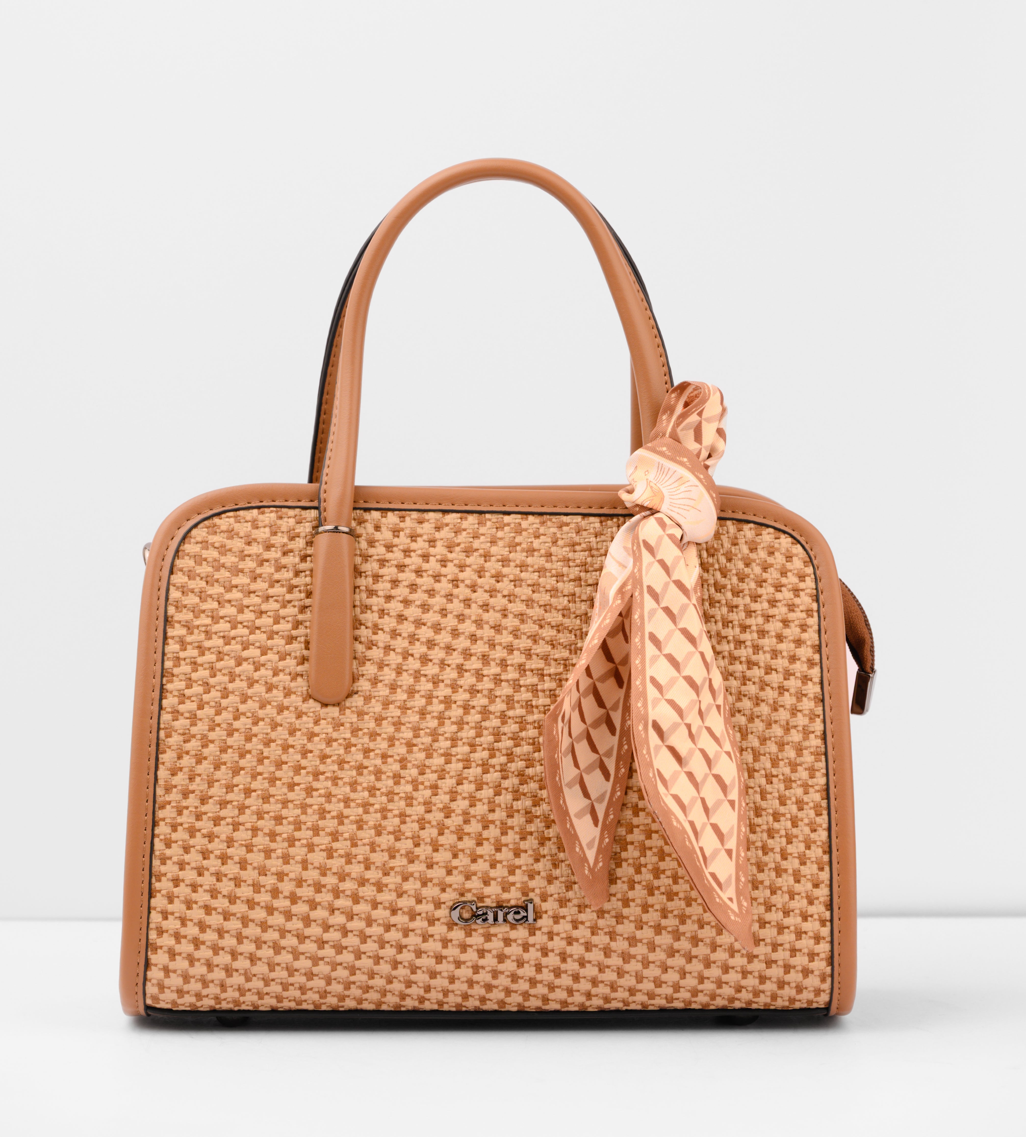 Brown woven handbag with a matching scarf on a white background | Vogelle