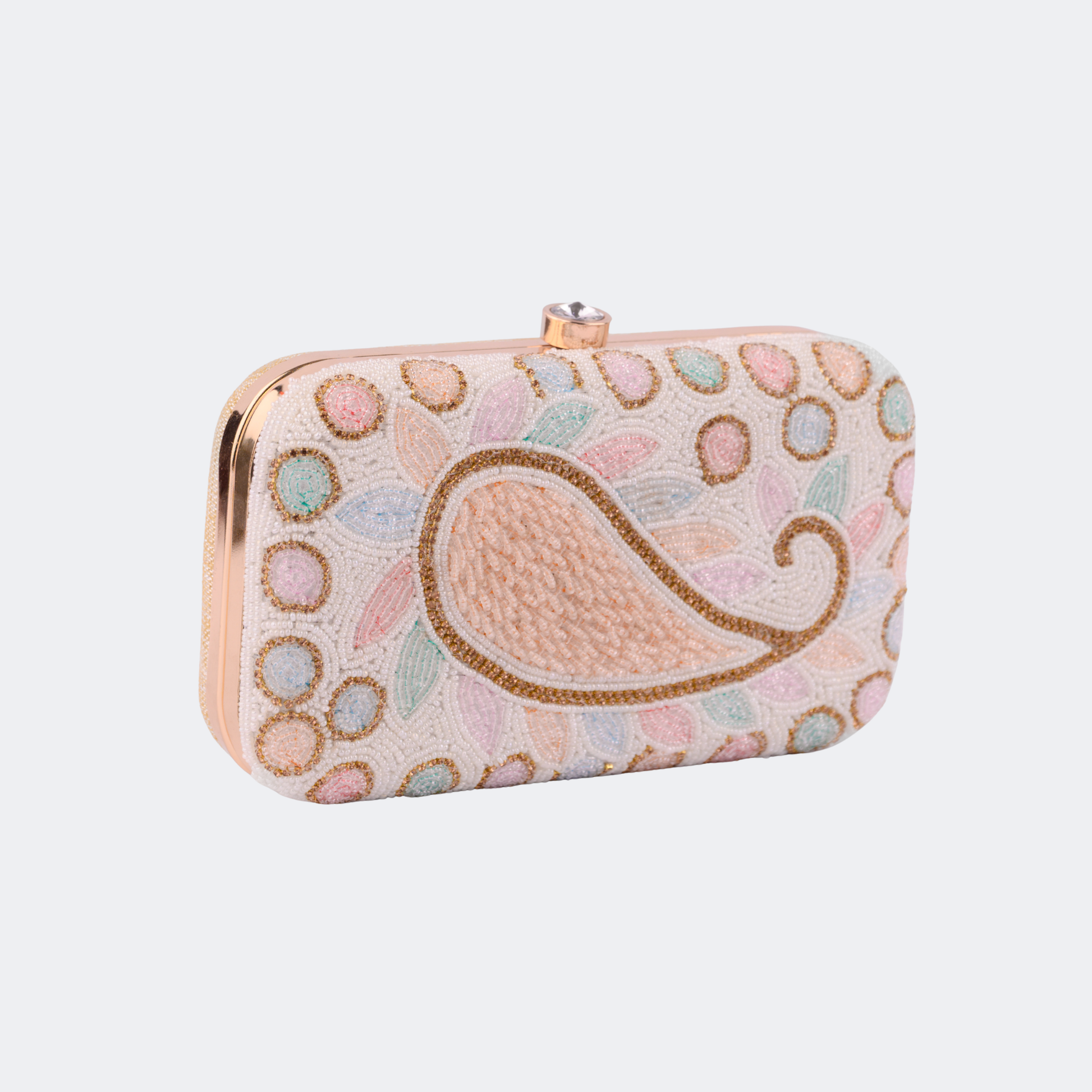 Decorative clutch bag with floral patterns on a light gray background | Vogelle