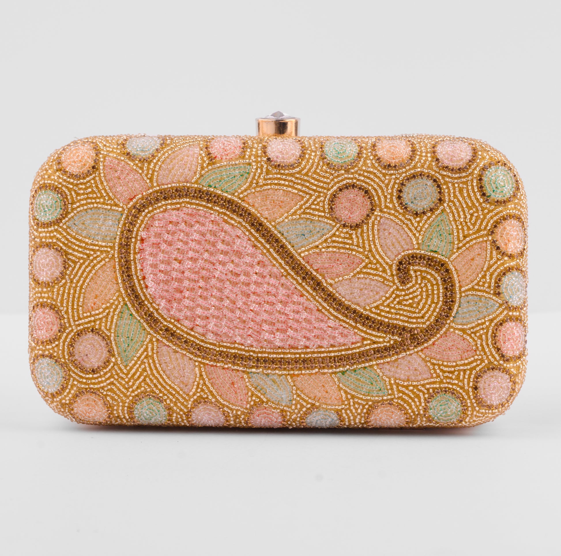 Decorative clutch bag with intricate beadwork on a light gray background | Vogelle