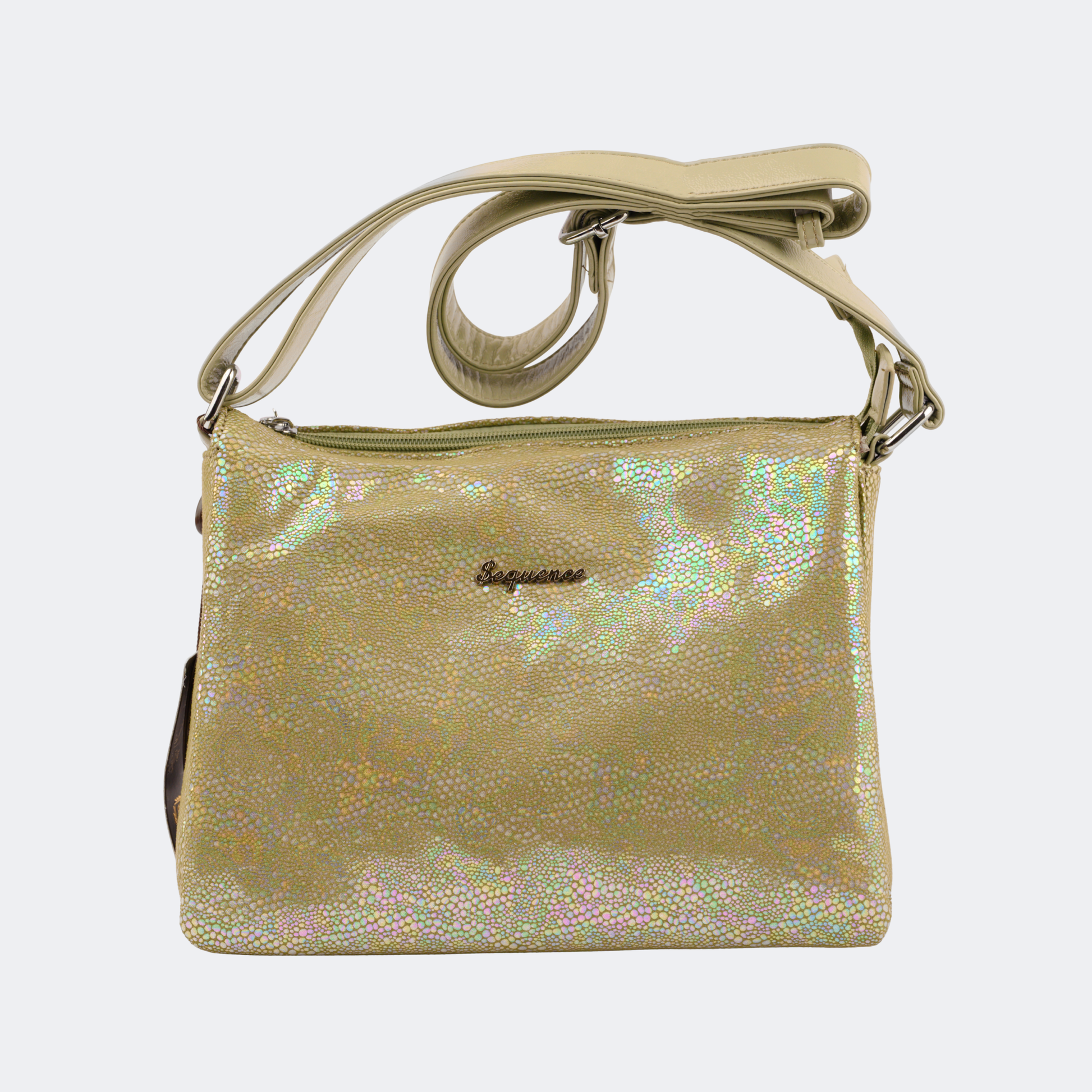 Gold glittery handbag with a visible brand name on a light gray background | Vogelle