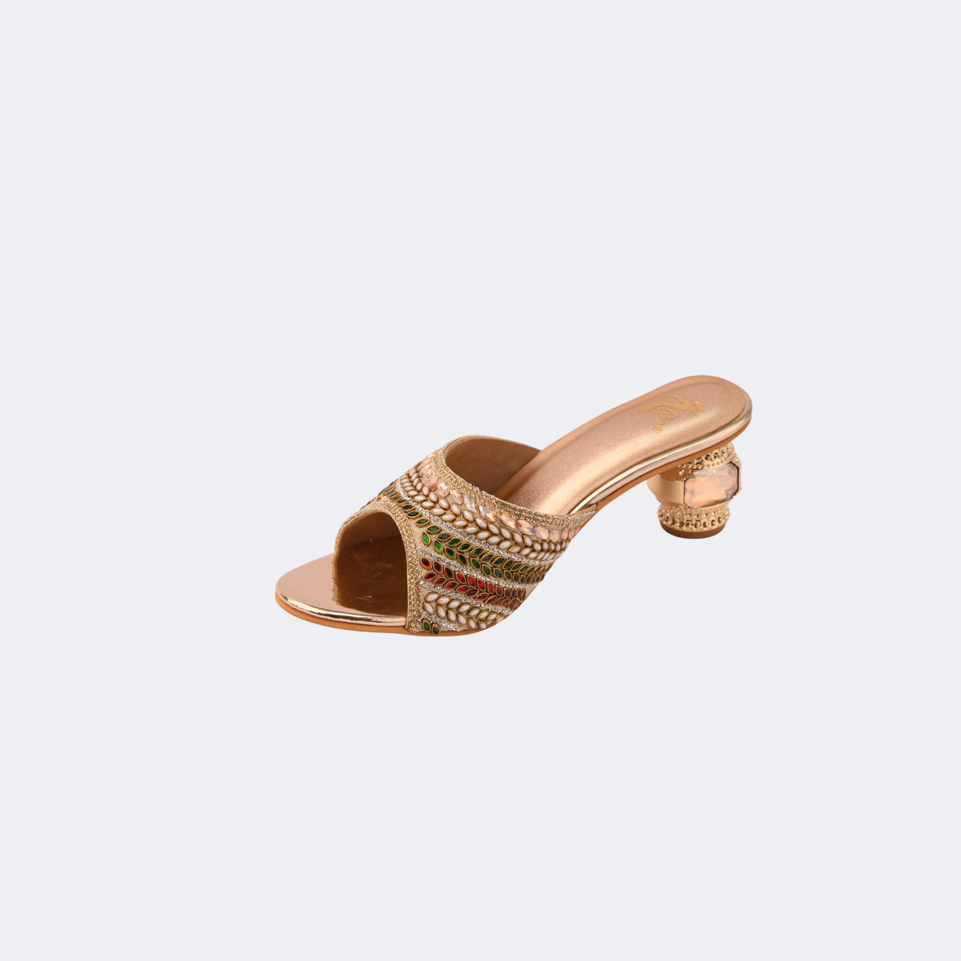 Gold open-toe sandal with decorative straps on a white background | Vogelle