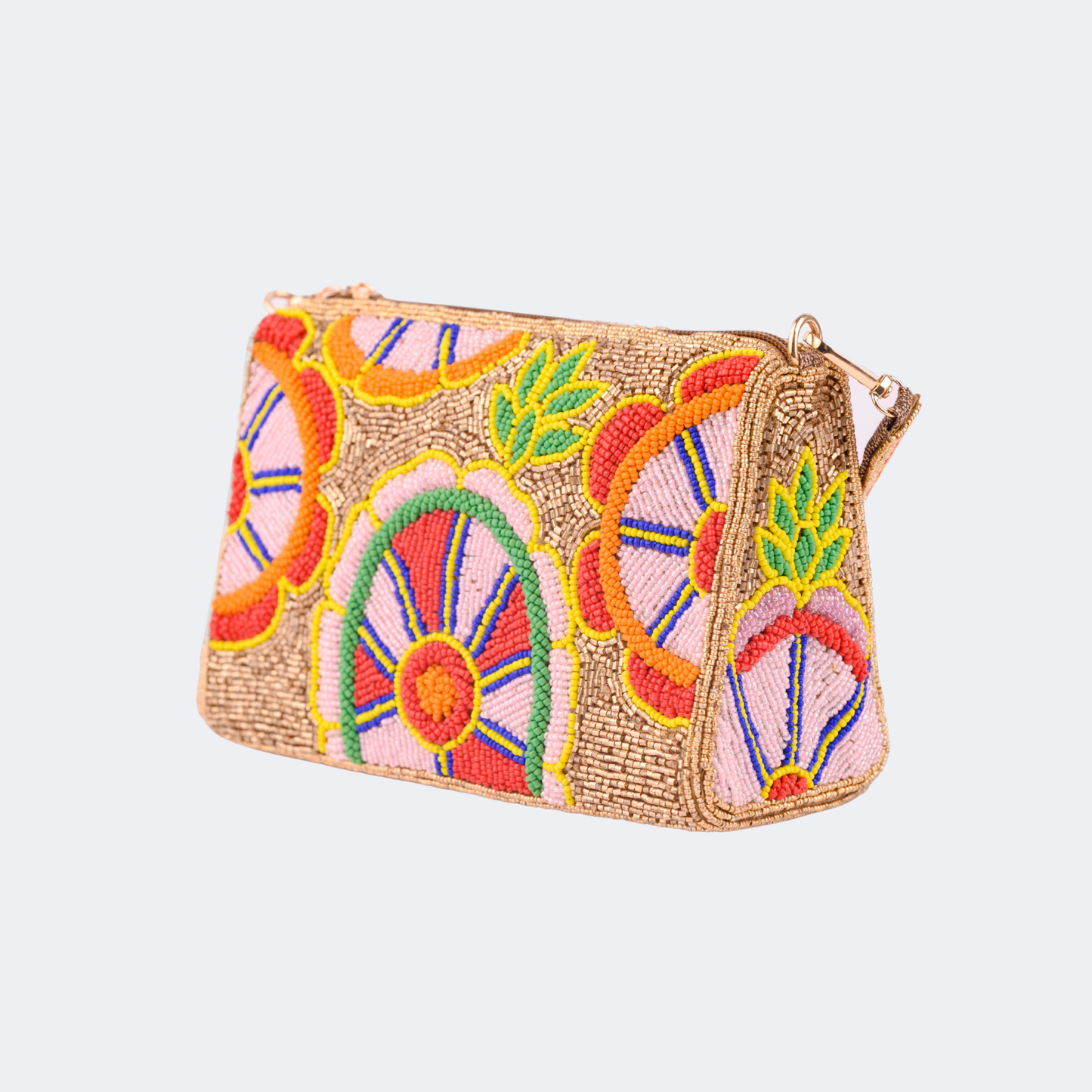 Woven clutch with colorful floral patterns on a light gray background | Vogelle