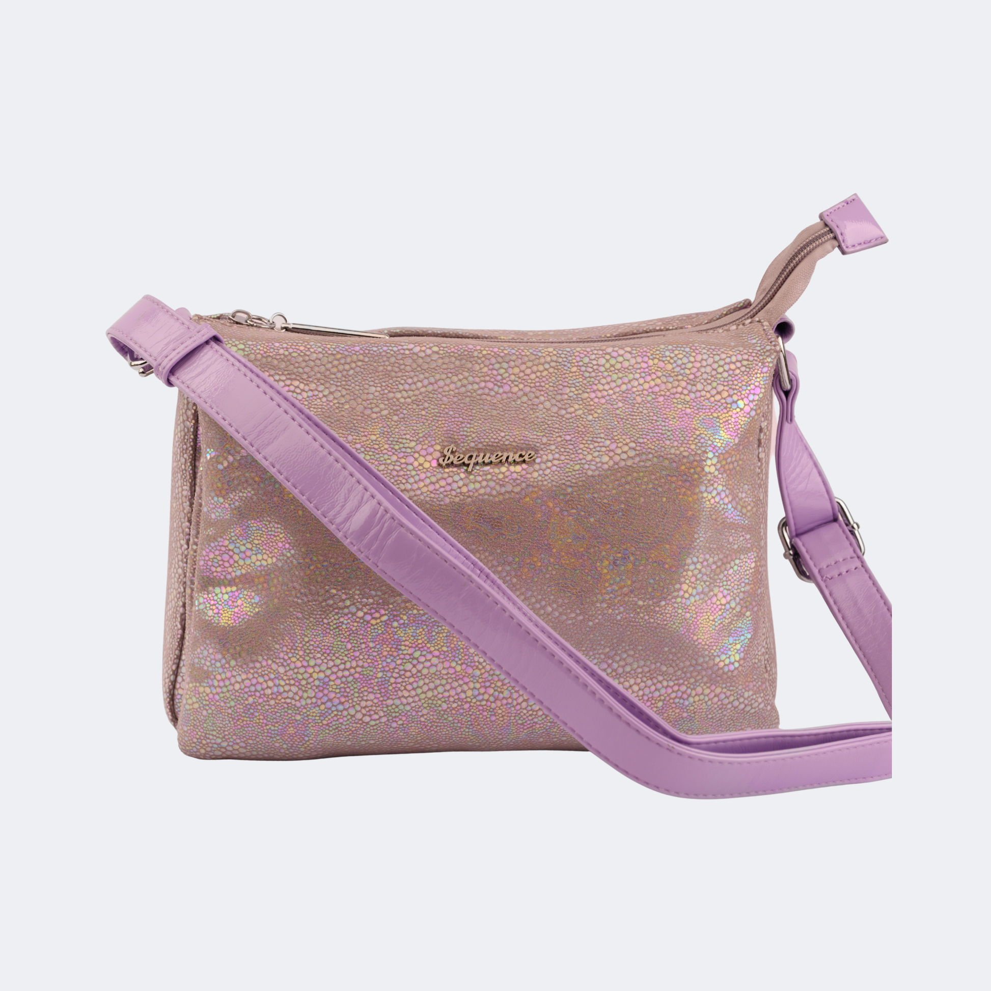 Holographic handbag with a pink strap on a white background | Vogelle