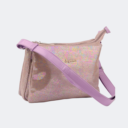 Pink and beige handbag with a visible brand logo on a light purple background | Vogelle