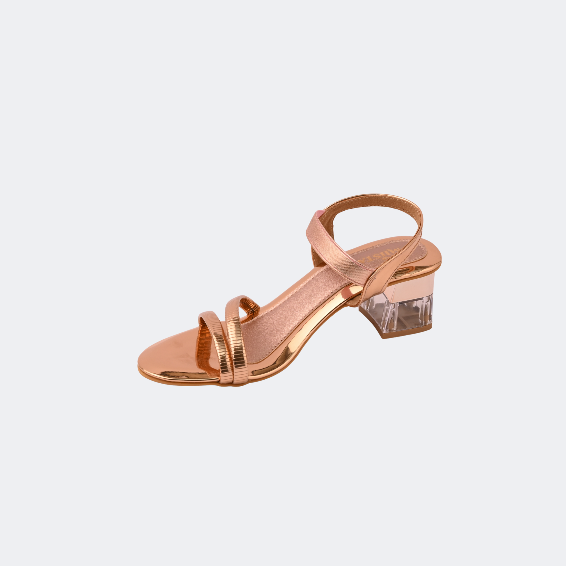 Rose gold sandal with clear block heel on a light gray background | Vogelle