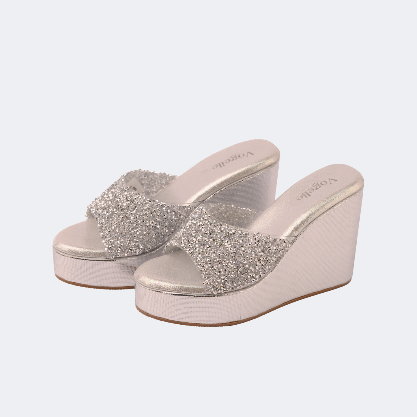 Silver glitter wedge sandals on a white background | Vogelle