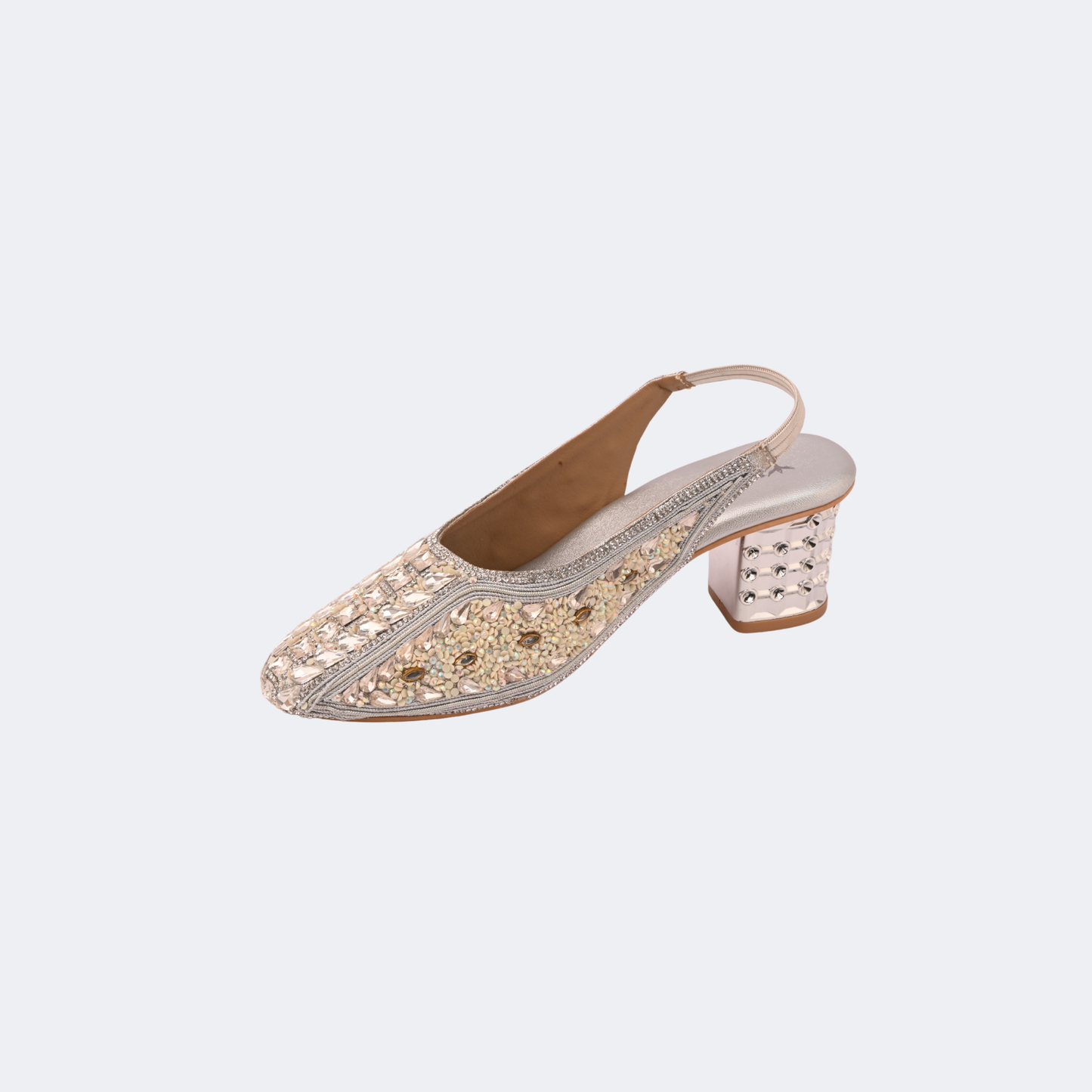 Sparkly sandal with decorative sole on a light gray background | Vogelle