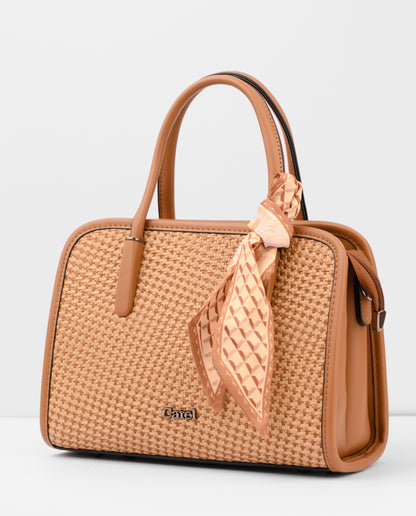 Brown woven handbag with a matching scarf on a white background | Vogelle