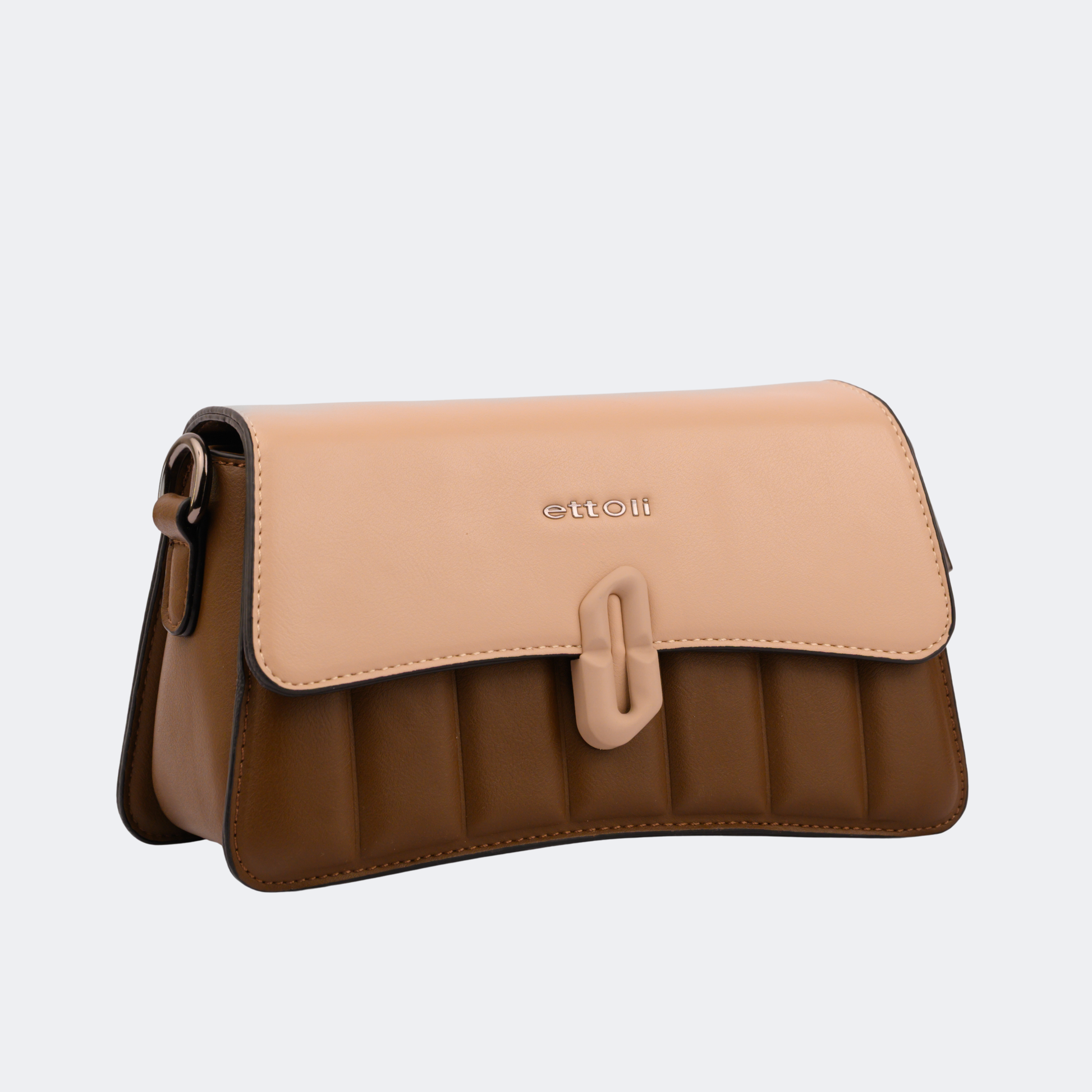 Two-tone brown and beige handbag with 'Elliot' branding on a light gray background | Vogelle