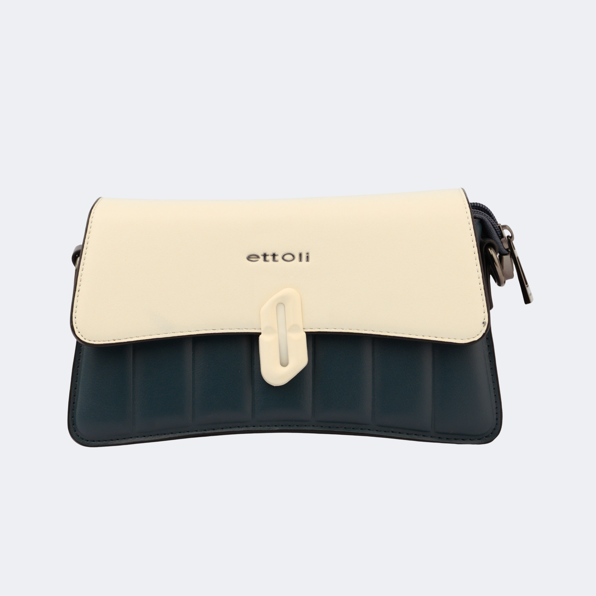 Two-tone handbag with 'ettoli' branding on a light gray background | Vogelle