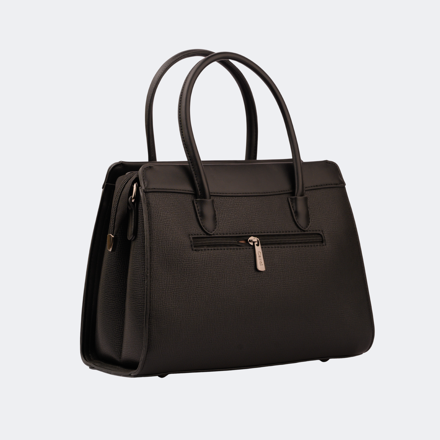 Black handbag with a visible on a light gray background | Vogelle