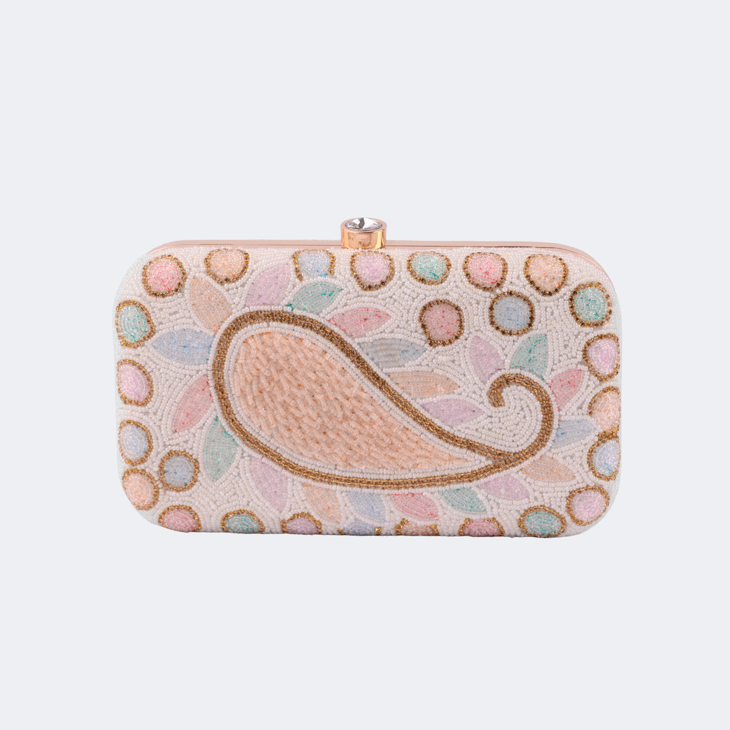 Decorative clutch bag with floral patterns and a peacock design on a light gray background | Vogelle