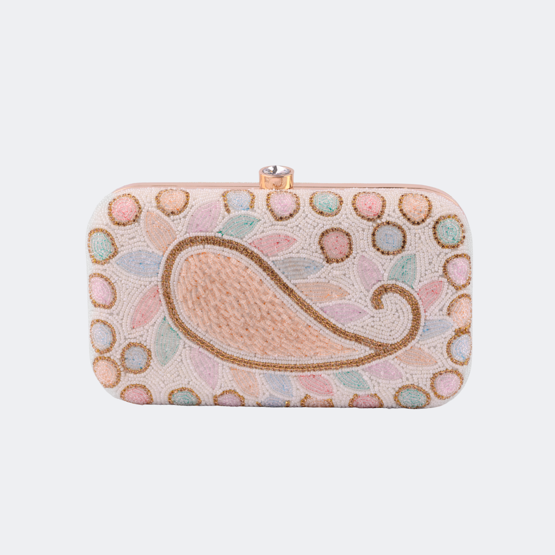 Decorative clutch bag with floral patterns and a peacock design on a light gray background | Vogelle