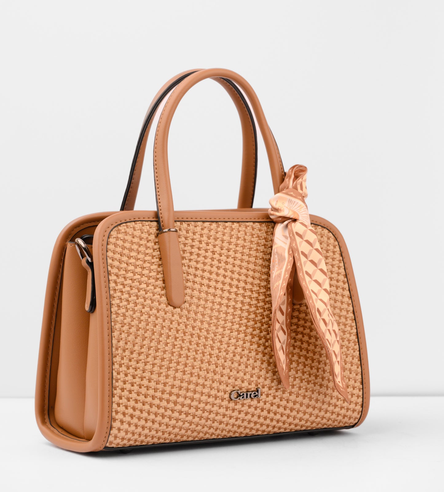 Brown woven handbag with a matching scarf on a light gray background | Vogelle